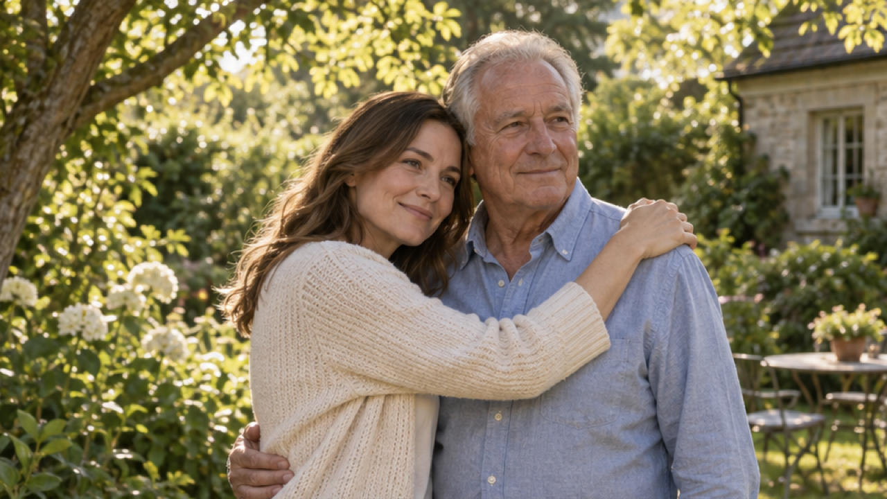 16:9 cinematic still of adult daughter in cream cardigan gently embracing older adult father in soft blue shirt in sunlit leafy garden, faces partly visible with restrained warm expressions, natural arm placement, soft afternoon light, ample headroom, no text or supernatural elements.