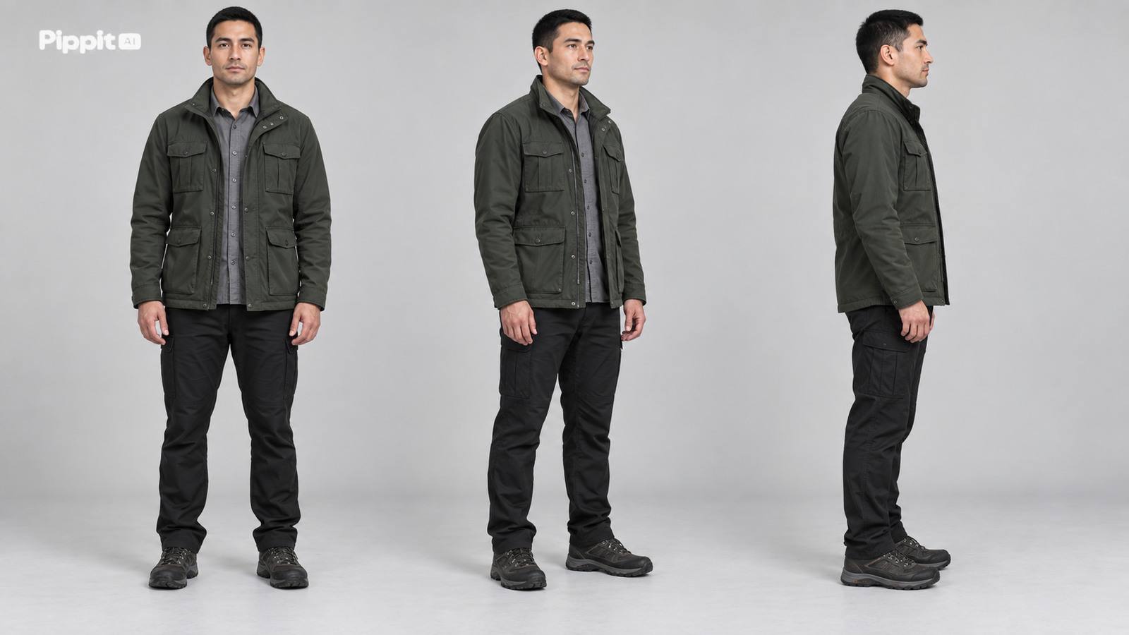 A three view identity sheet shows the same adult field researcher in consistent clothing and neutral light.