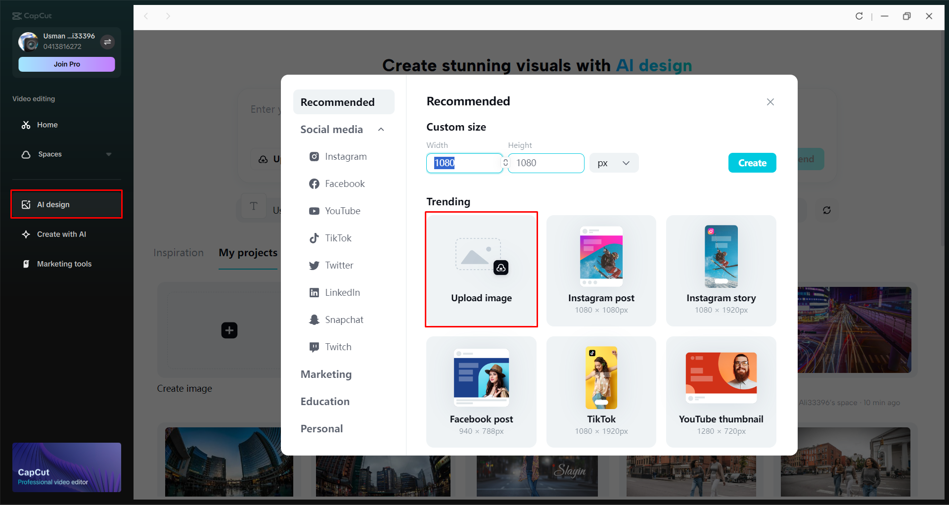 Accessing CapCut's AI design tool