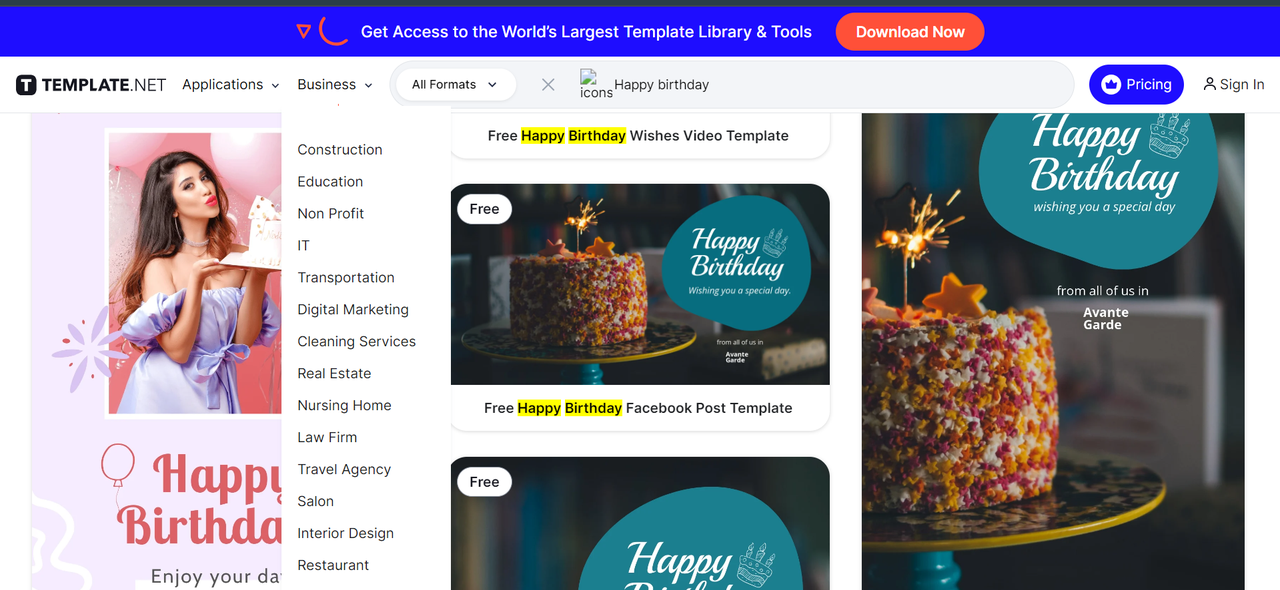 Template.net интерфейс, показывающий шаблоны с днем рождения