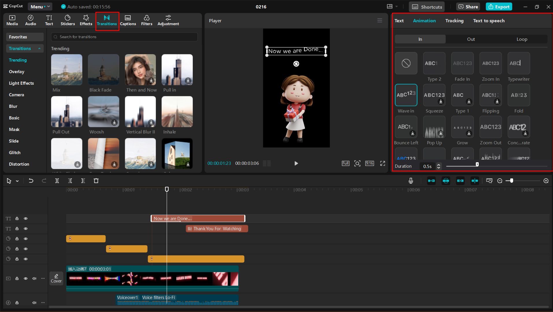 Adding more animation to text and adding transition