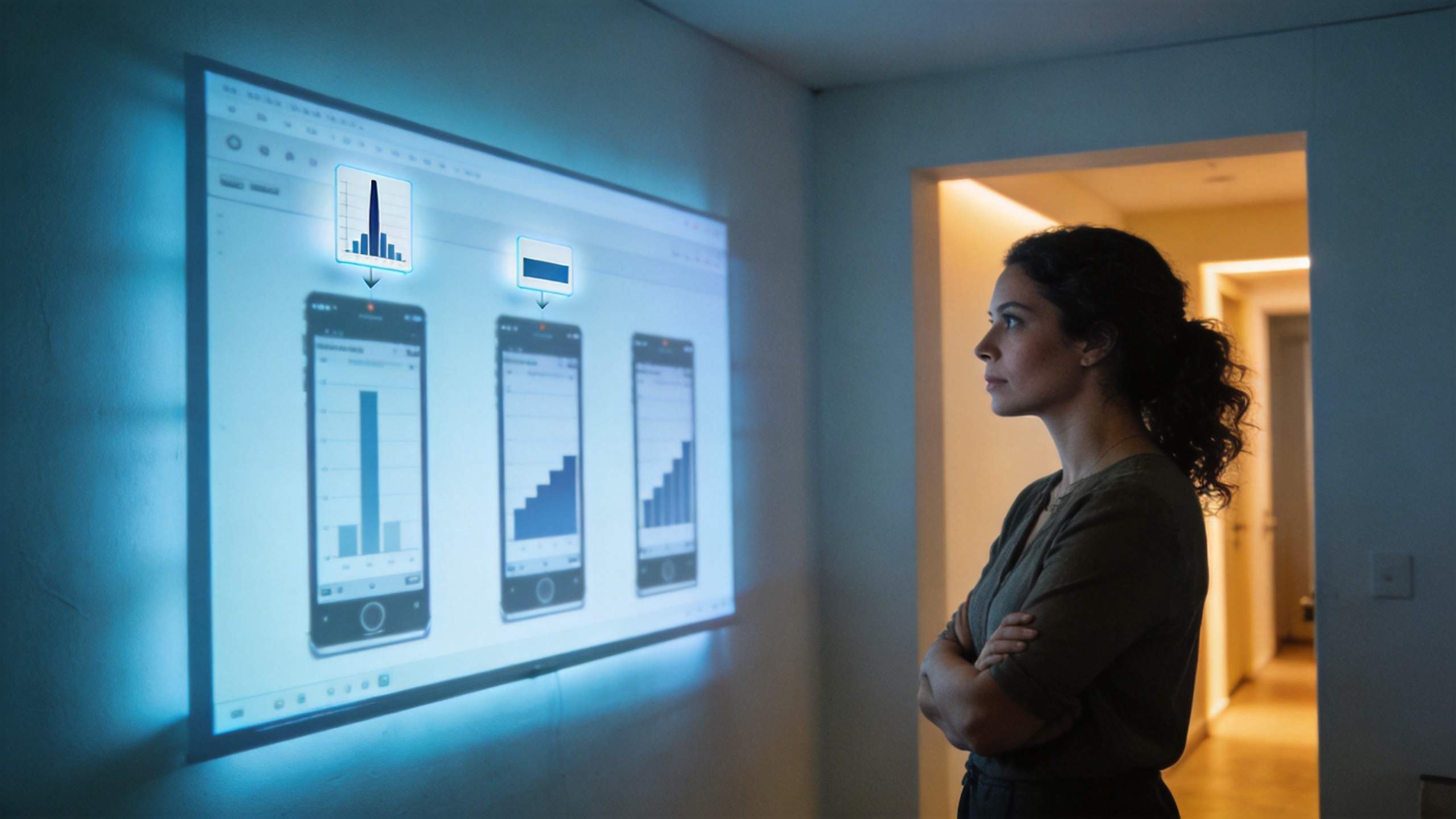 Woman studies projected analytics charts beside a doorway