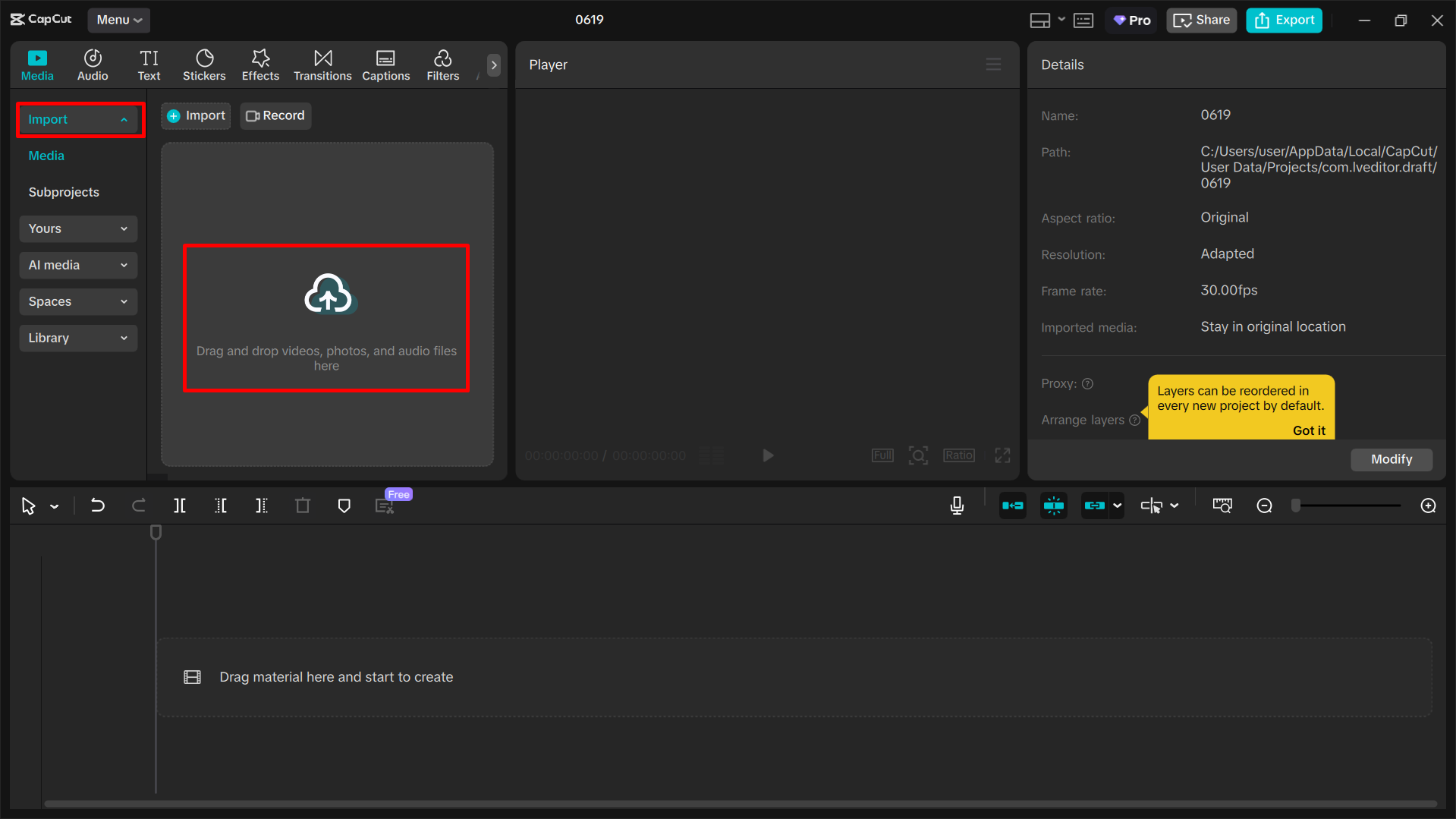 Importing media in the CapCut desktop video editor