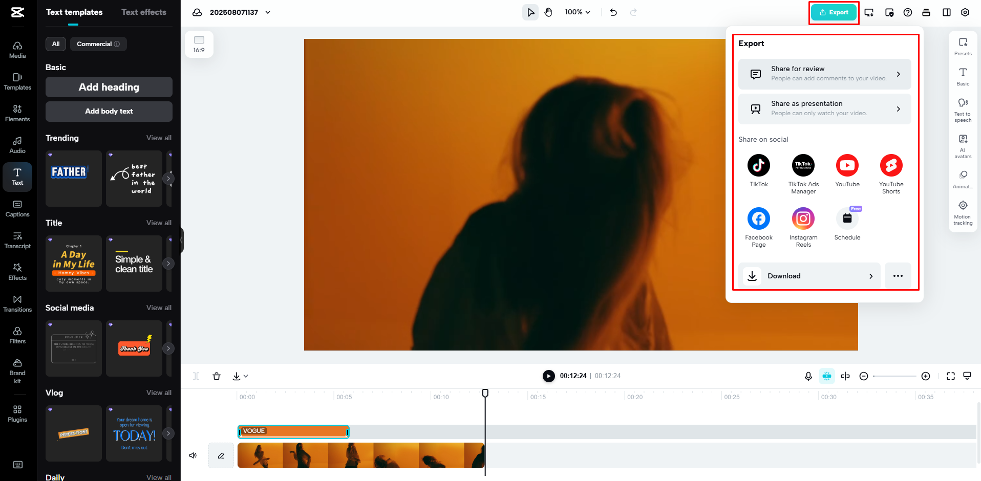 Exporting a video from CapCut Web