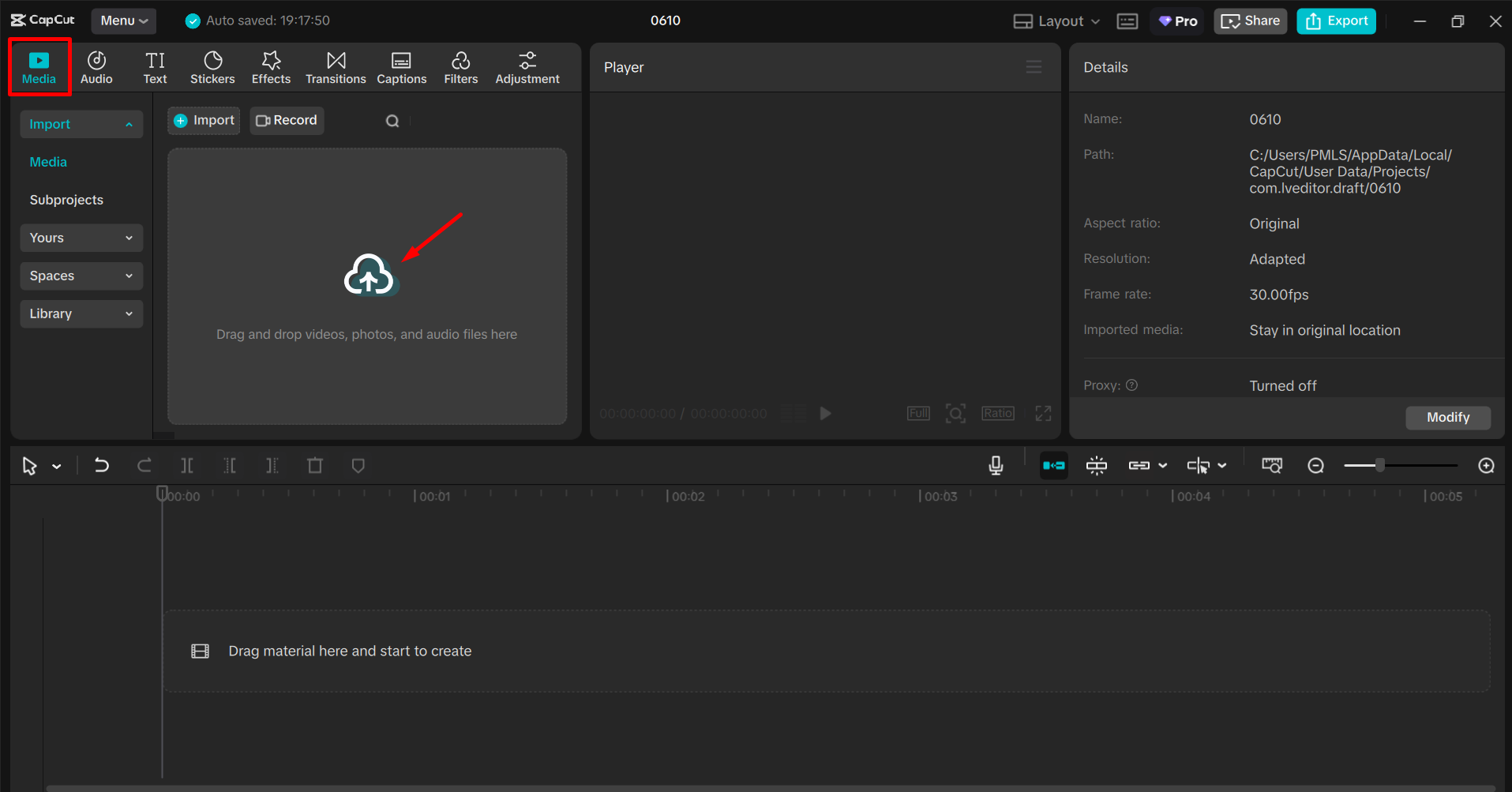 Importing the video into the CpCut desktop video editor