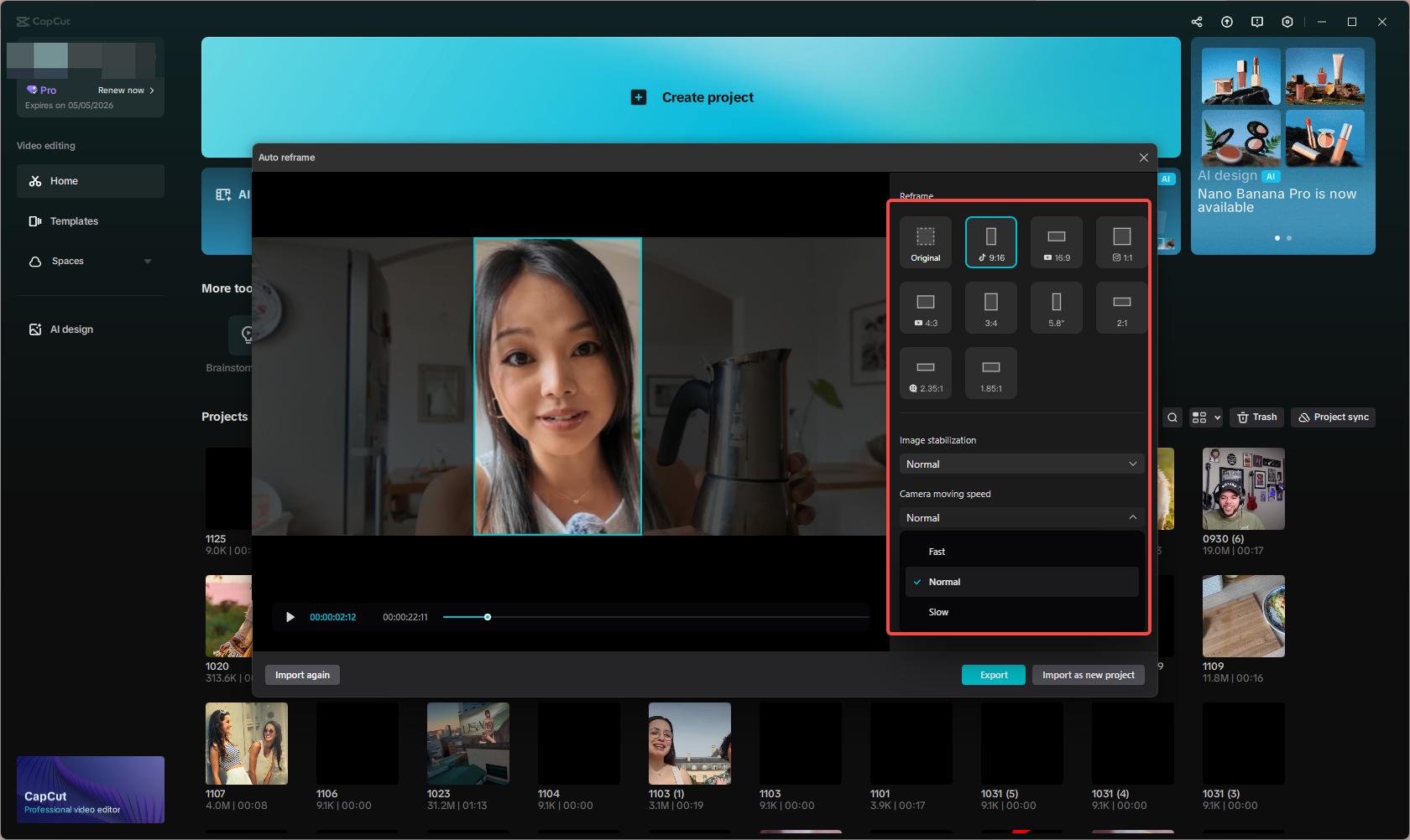 Reframe the horizontal video to vertical in the CapCut desktop video editor