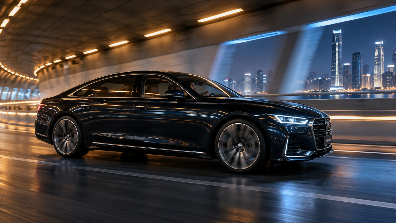 Mercedes driving AI video prompt: Modern Tunnel Tracking Shot