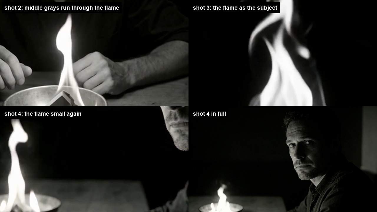 Three enlarged crops of the flame from different shots and one full frame: in the wider shots the flame has dark channels running through it, and in the closest shot it is a small mostly white shape.