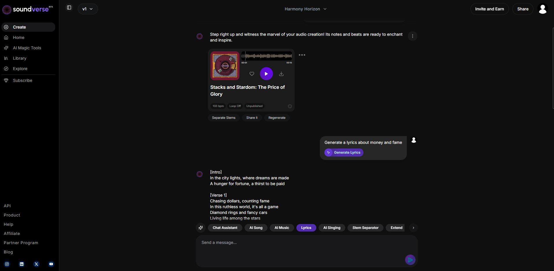 Oberfläche von Soundverse - der am meisten geschätzte KI-Rap-Generator.