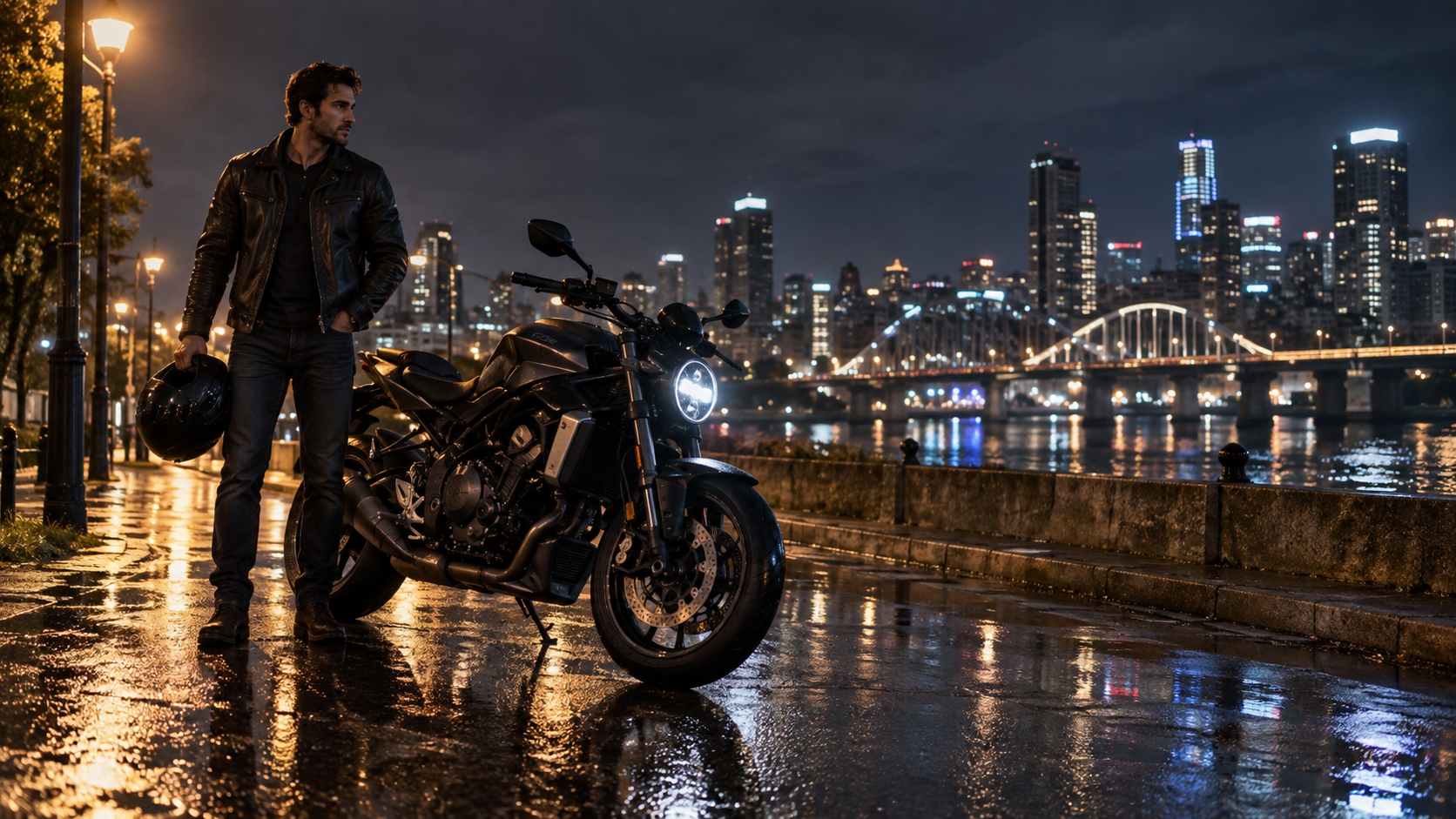 a realistic night motorcycle photograph