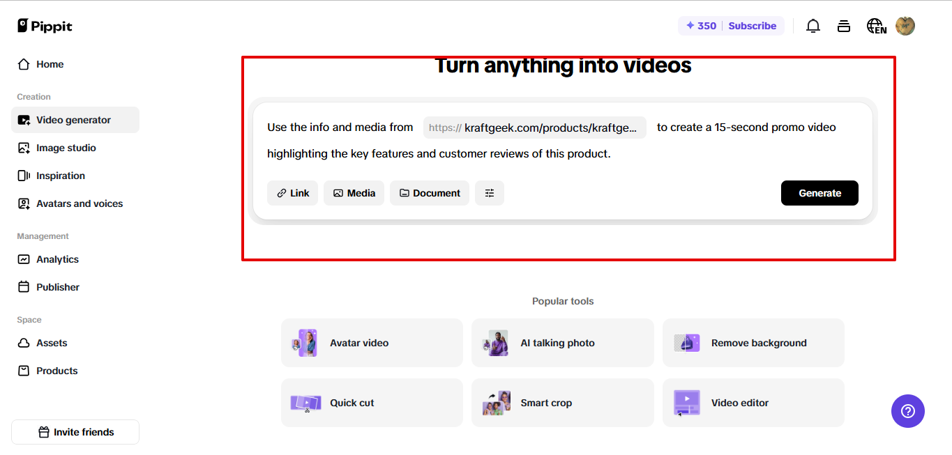 Video generator in Pippit