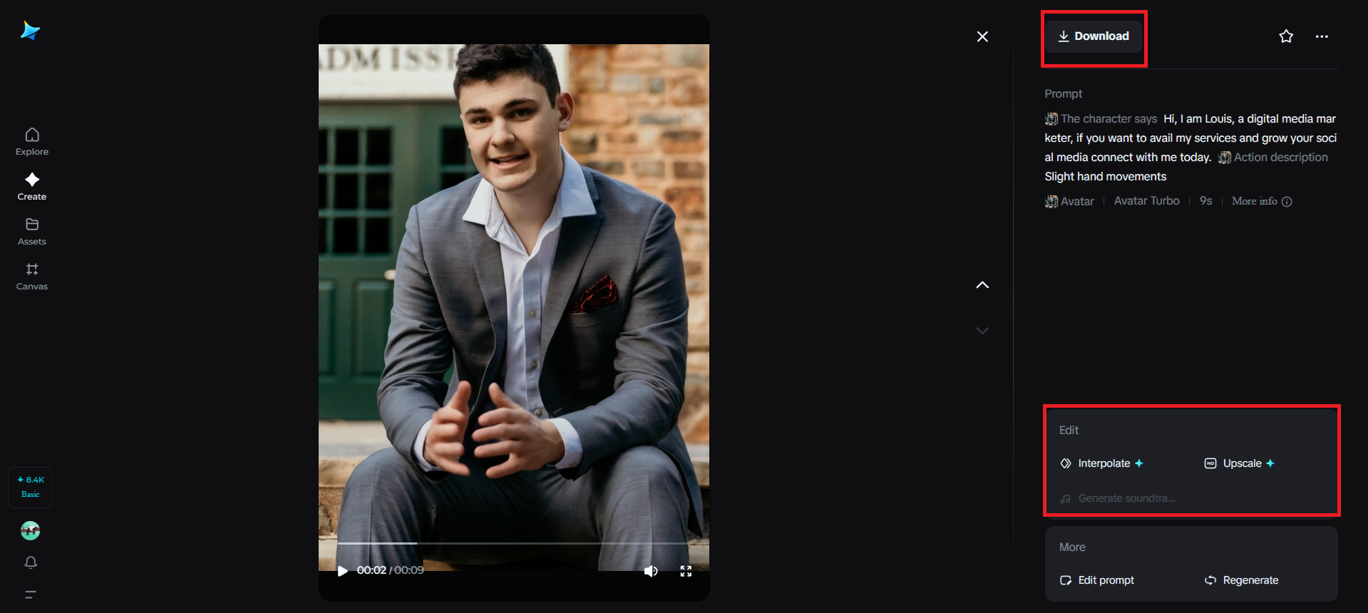 增強並下載您的 AI 化身視頻