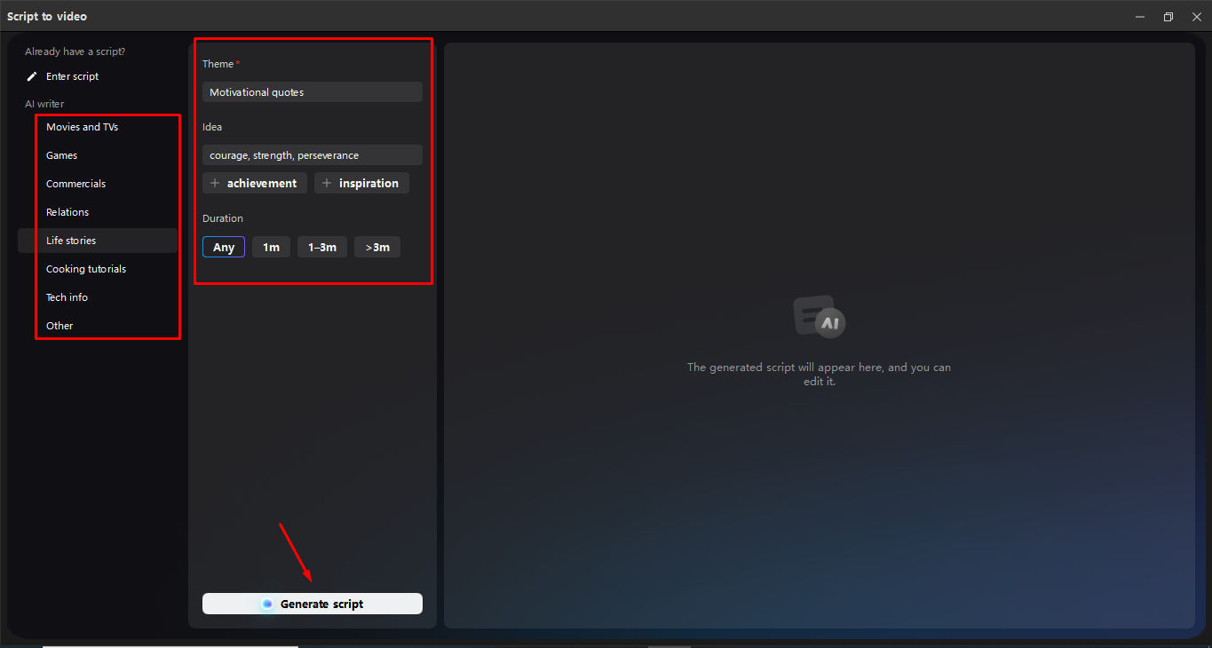 Entering the topic ideas in CapCut's AI storyline generator