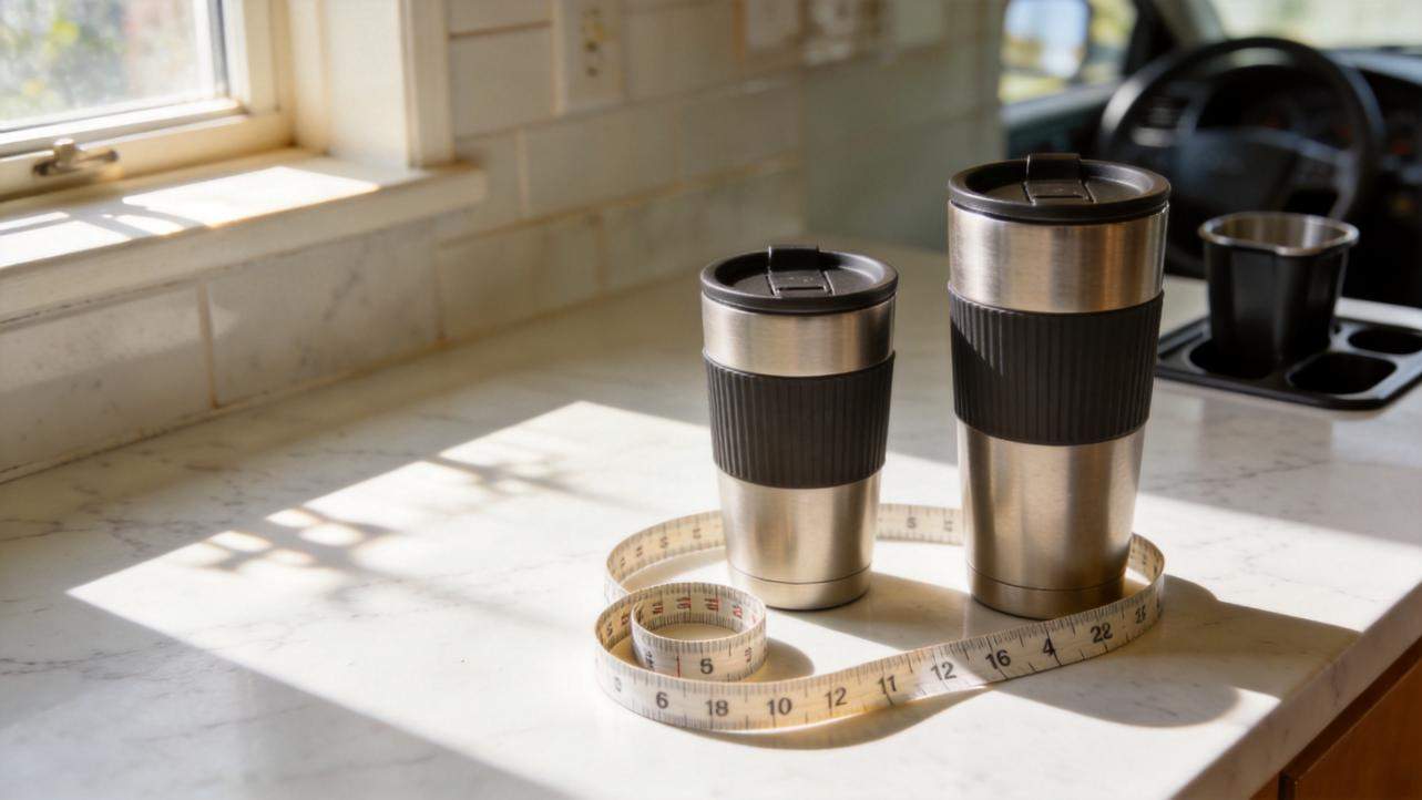 Two travel mugs beside a measuring tape on a kitchen counter