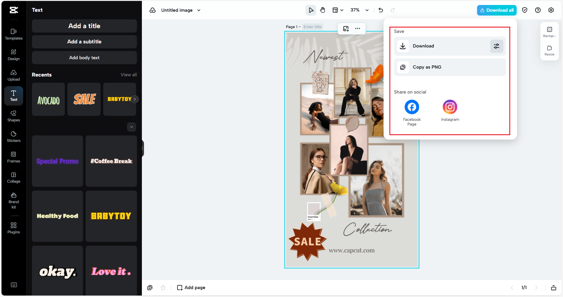Verkaufsplakat aus CapCut Web exportieren.