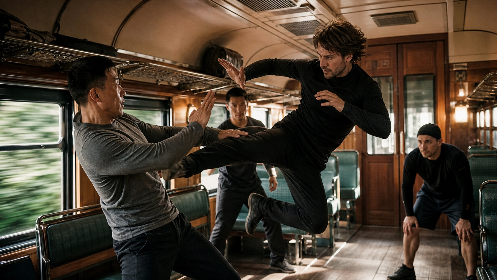 Action Fighting on Train AI Video prompt example 3 - Action Fighting on Train wide establishing shot