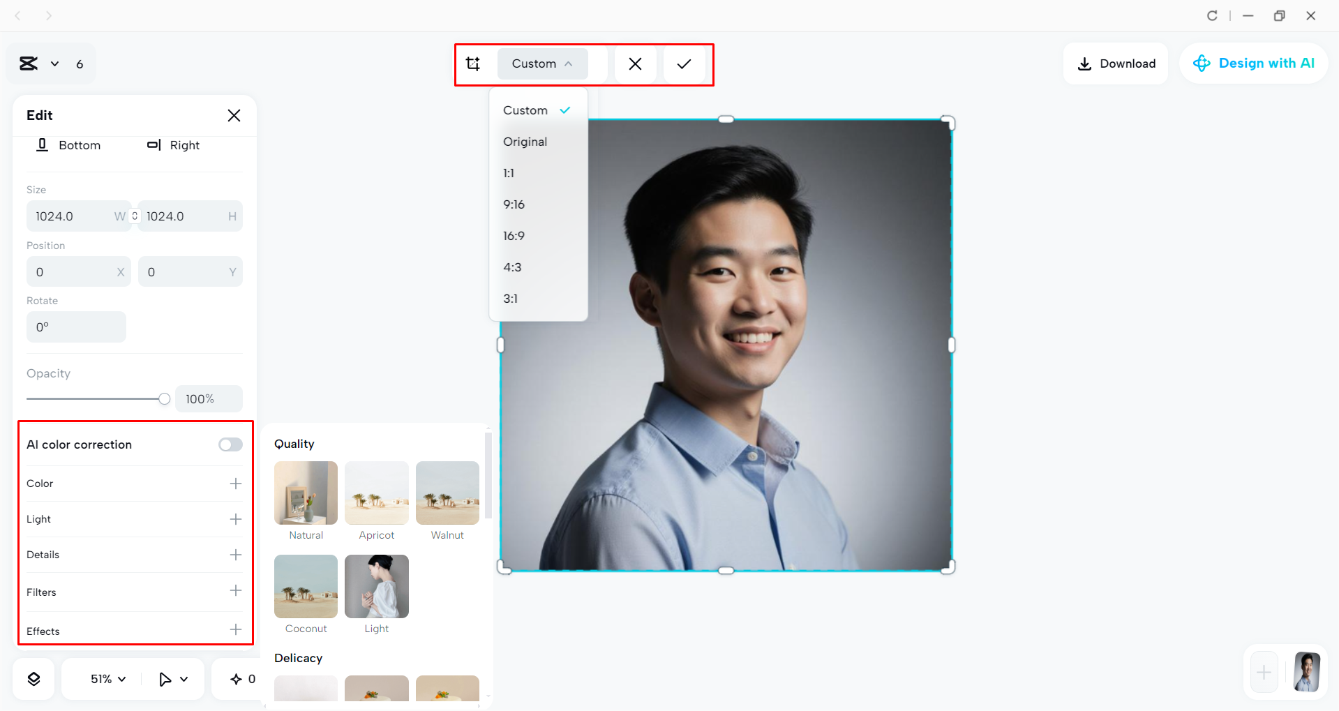 Editing and resizing the image with the CapCut desktop video editor