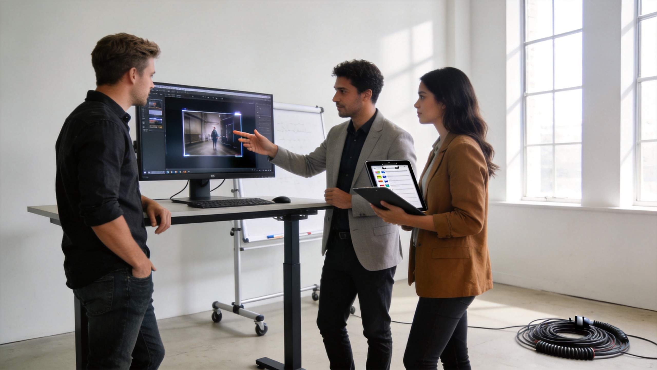 Three coworkers review a video edit on a monitor in a bright office.