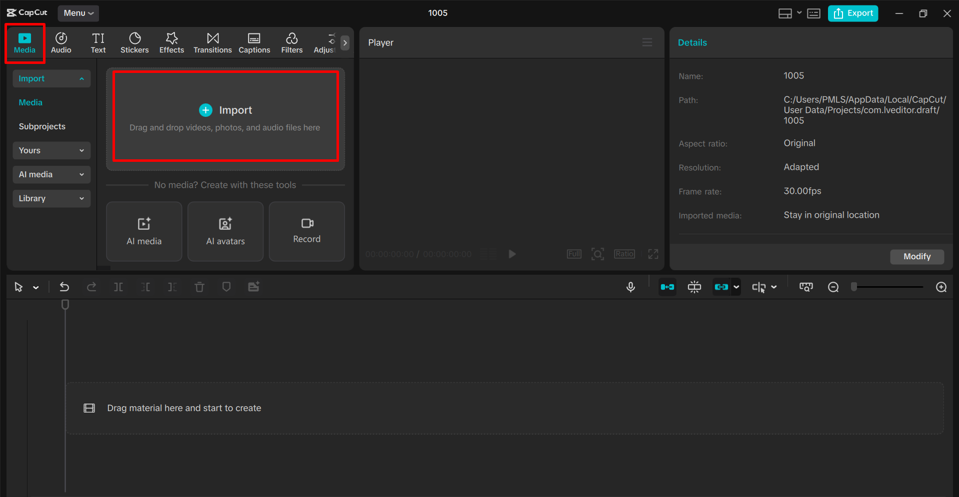 Importing video in the CapCut desktop video editor