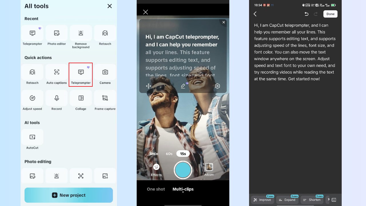 CapCut App teleprompter interface