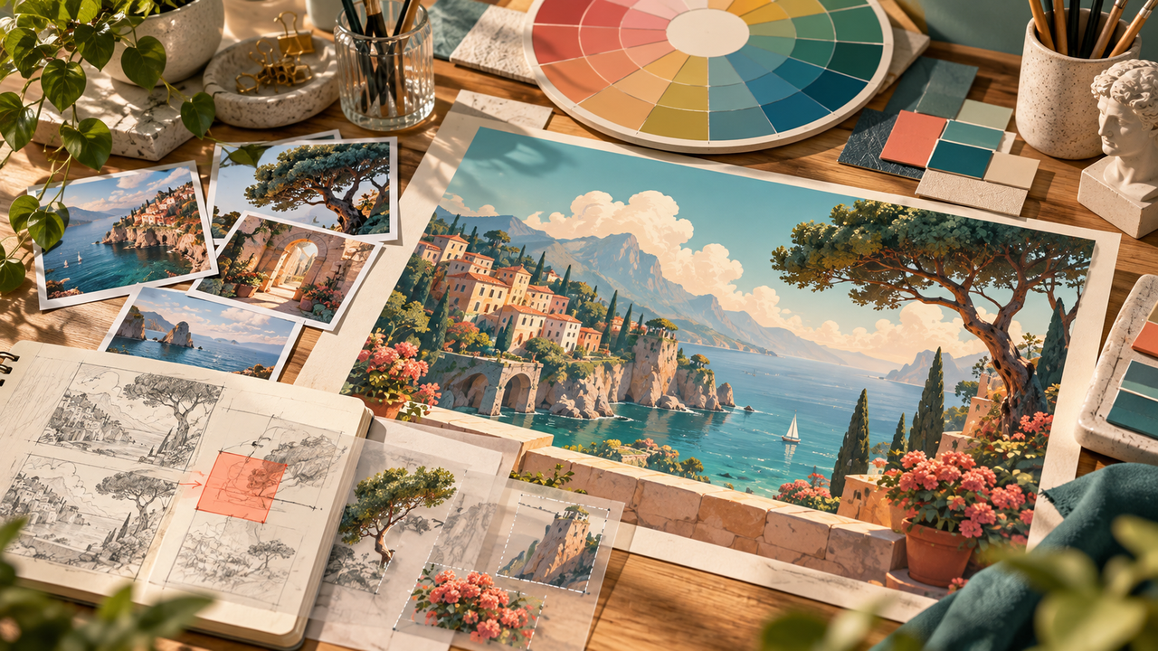 Reference photos, editing layers and an illustration on a worktable