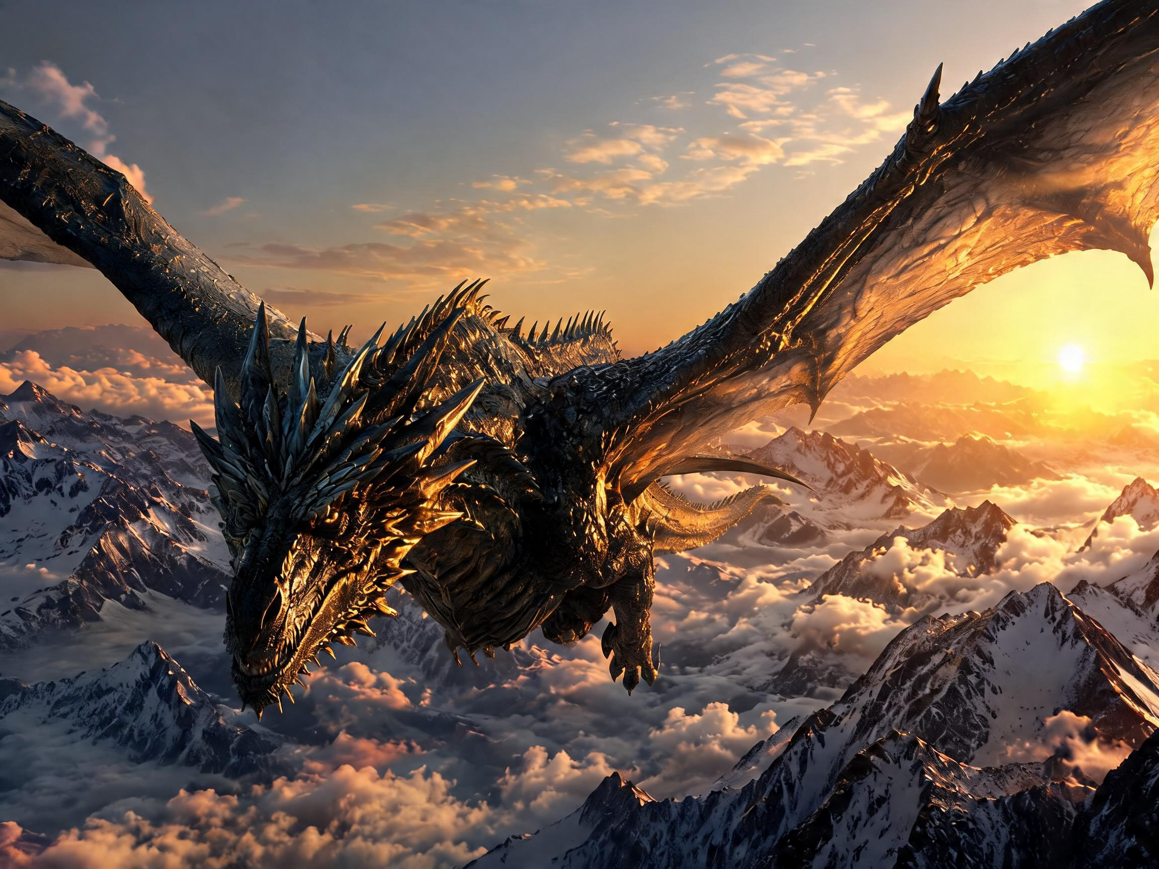 Prompt for fantasy dragon over mountains