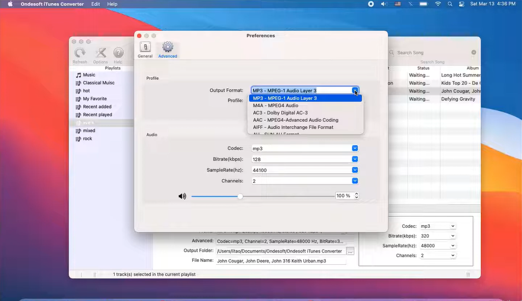 Choosing output settings from iTunes to add sound effects to iMovie