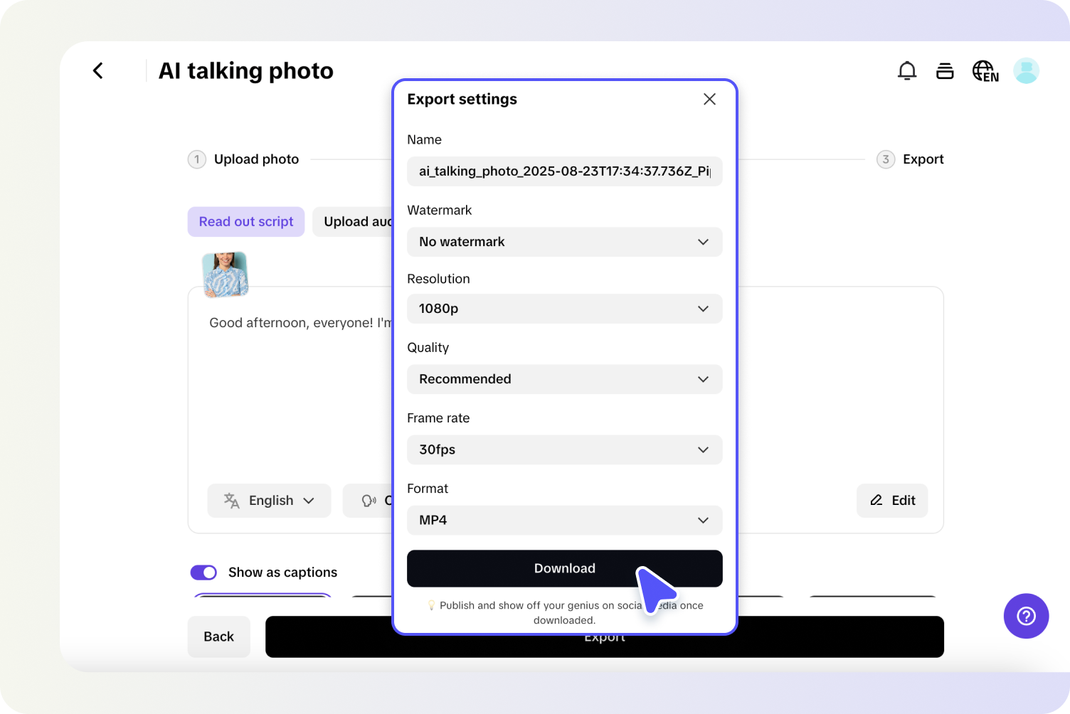 Export the talking photo