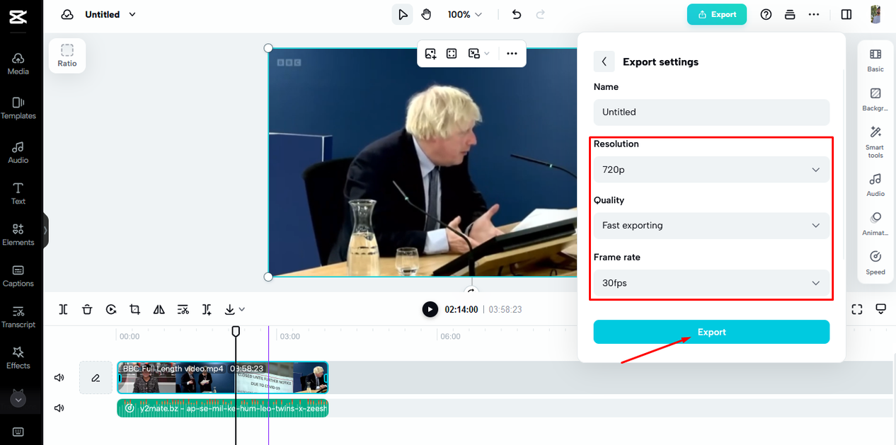 Change resolution, frame rate, and quality after adding audio to video online free with no watermark