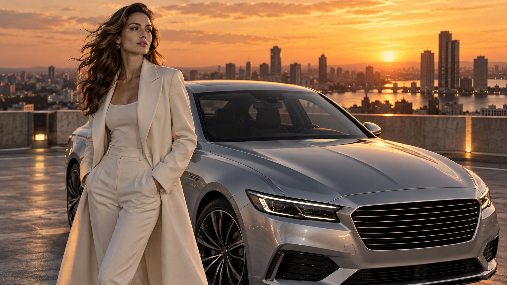 Auto Mercedes stand AI video: Sunset Rooftop Berlina Ritratto