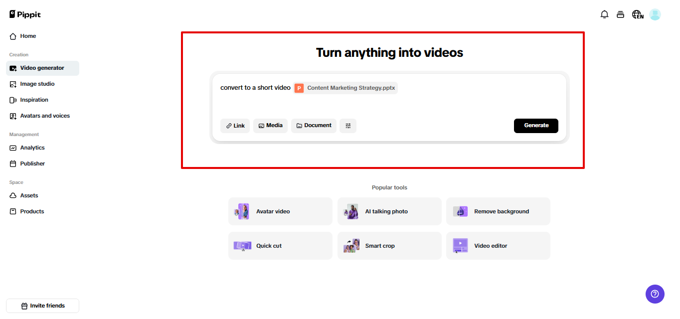 Video generator in Pippit