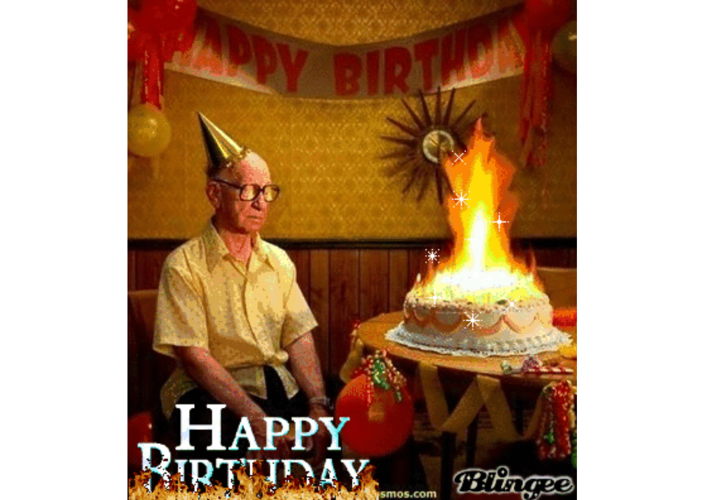 GIF engraçado de aniversário com piada sobre envelhecimento e bengala