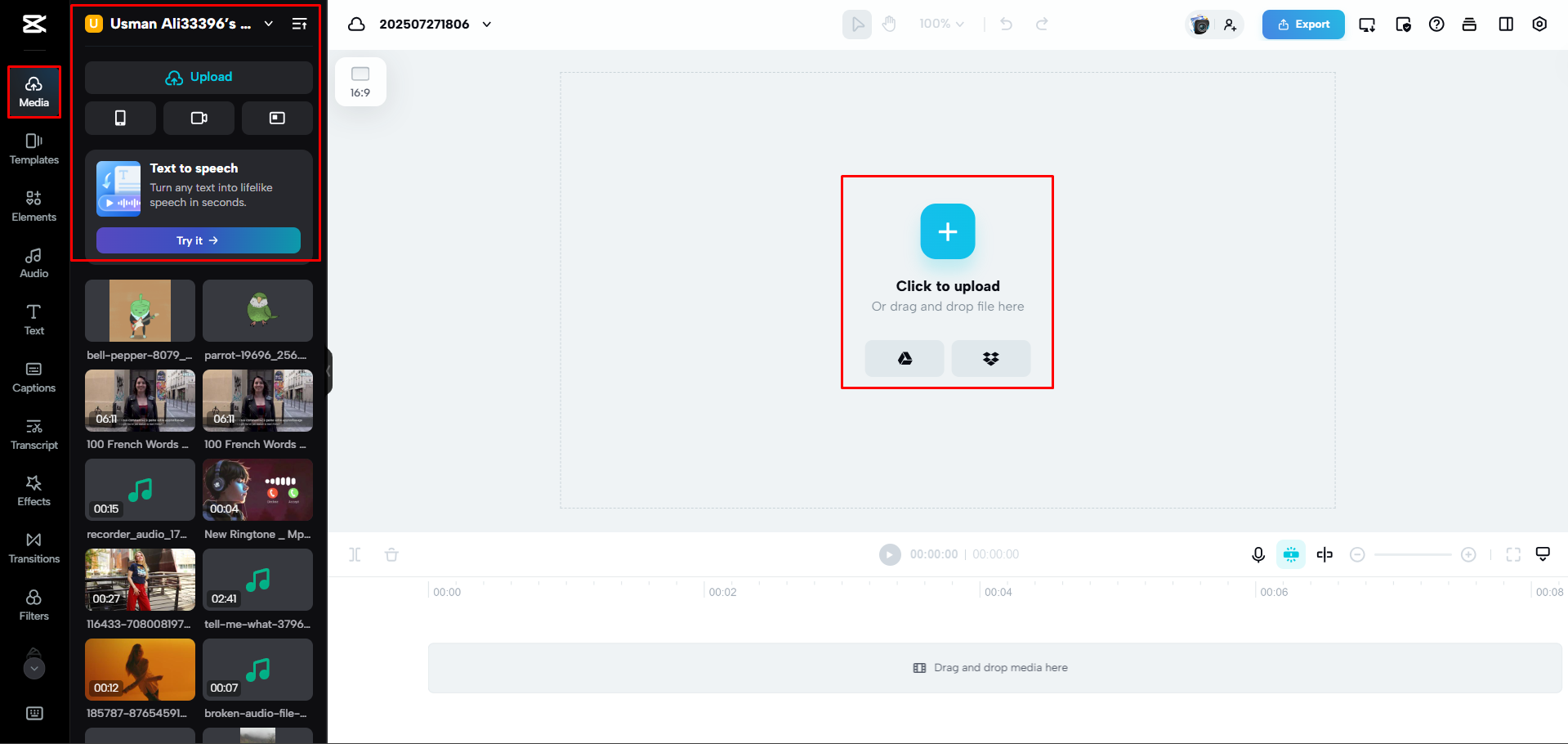 Uploading a video to CapCut Web
