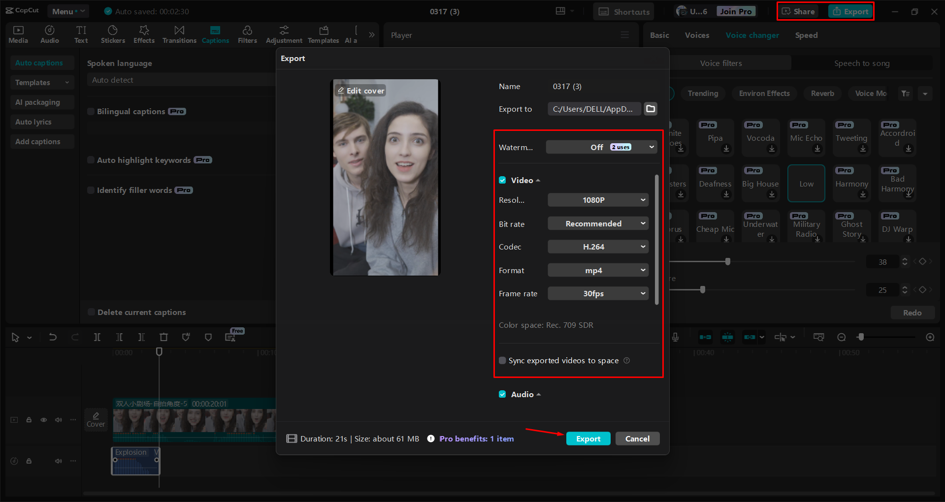 Exporting a video from the CapCut desktop video editor