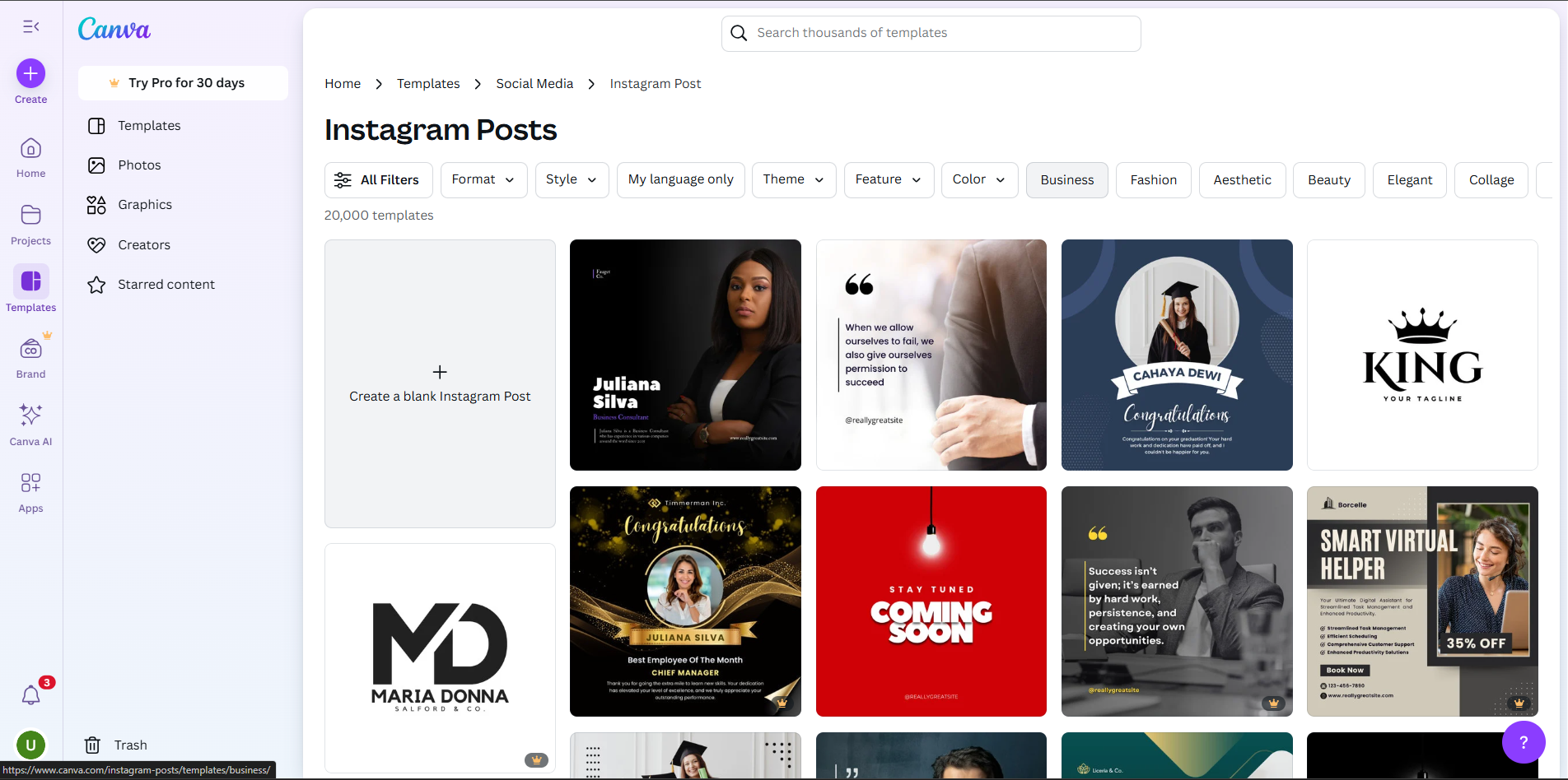 Interface of Canva - the best online tool to edit Instagram post templates