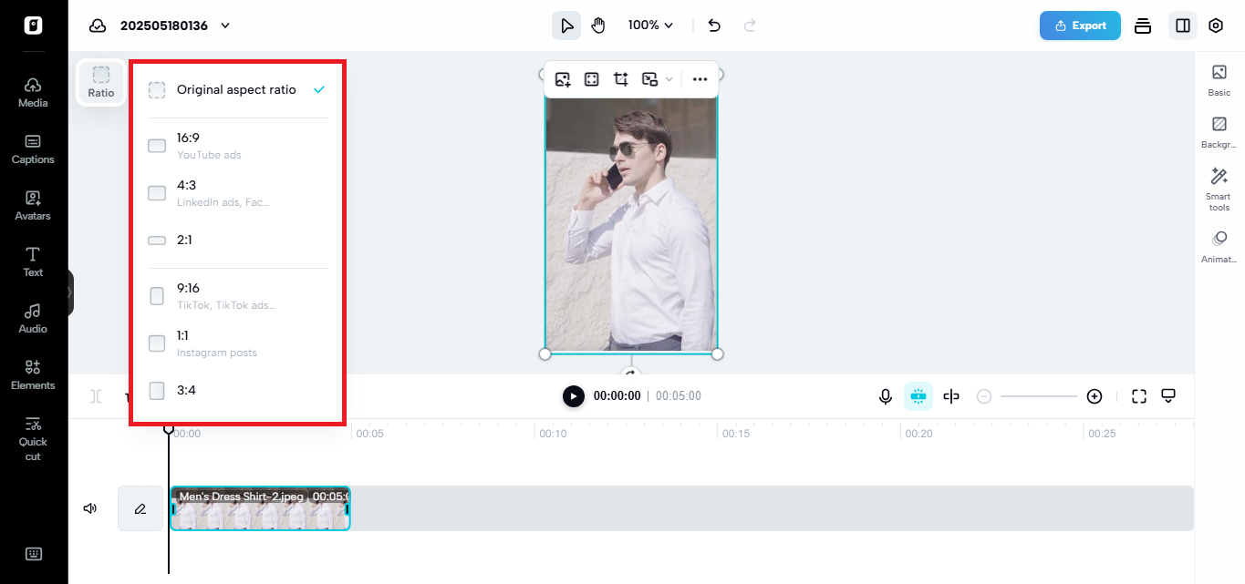 Resizing options in Pippit's video editor