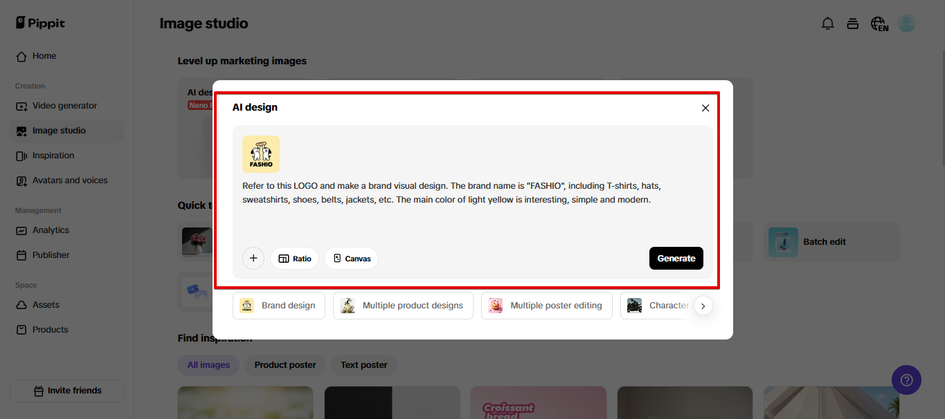 Generating images with Pippit