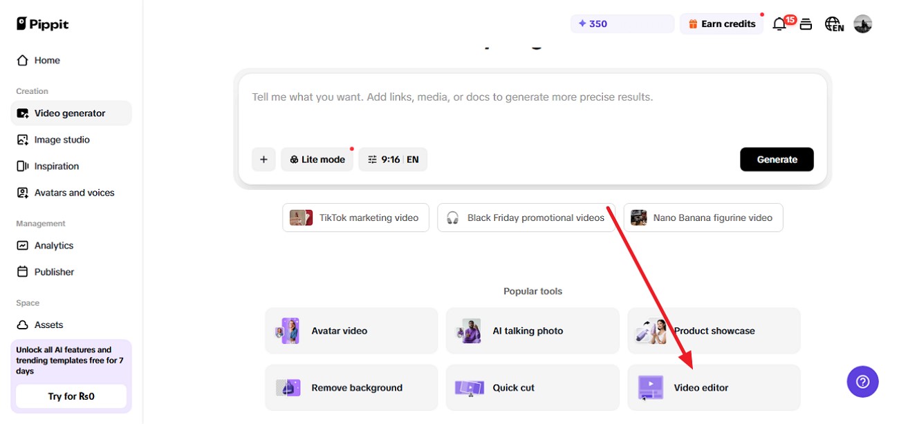 acessar editor de vídeo do Pippit