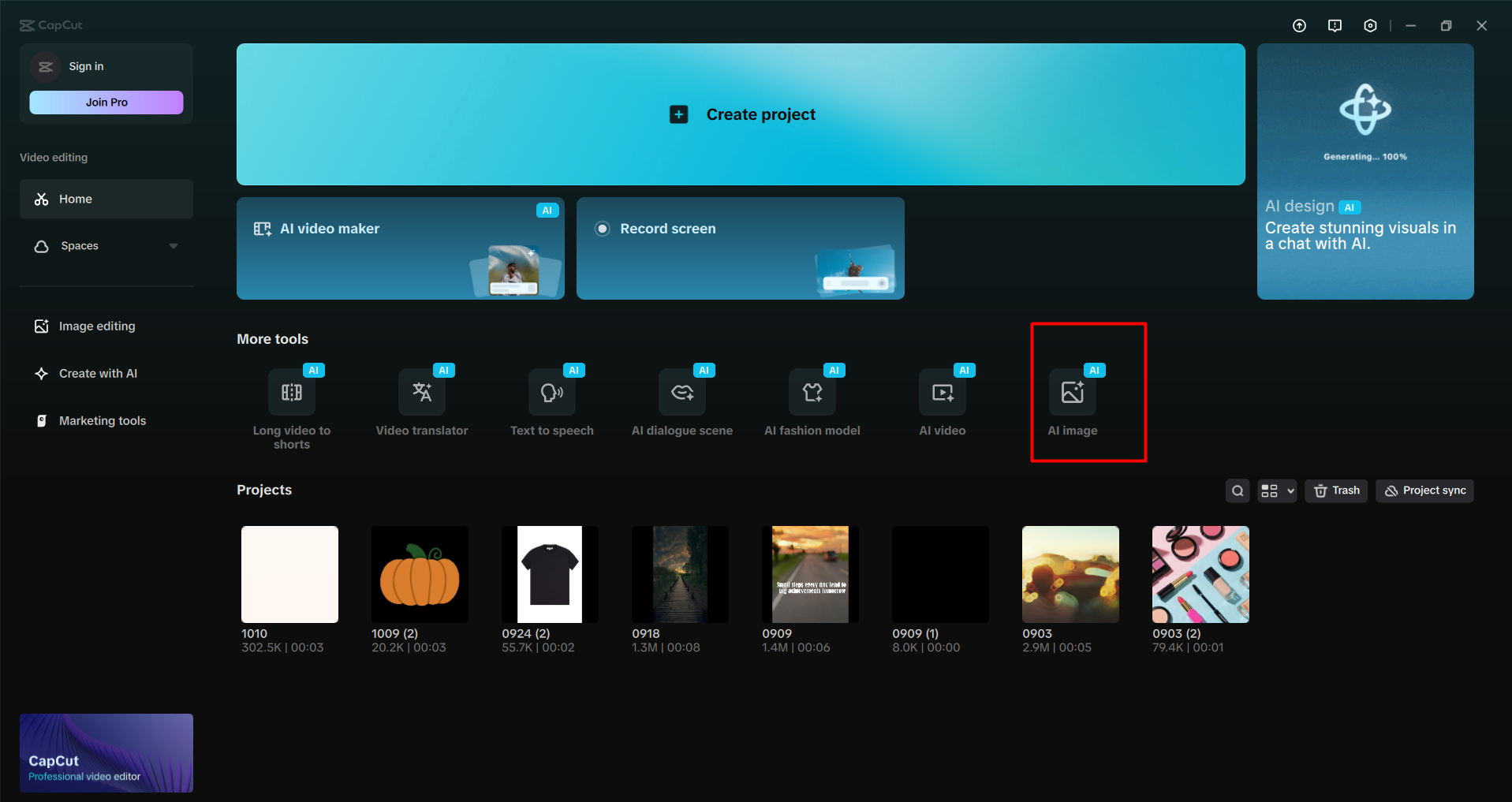 Accessing the AI image tool in the CapCut desktop video editor.