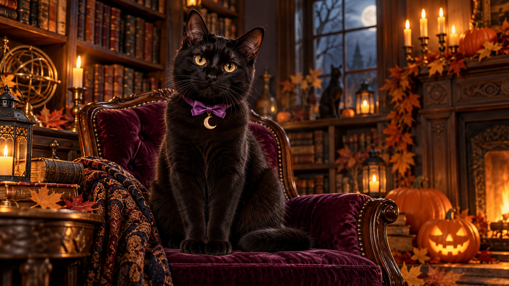 Halloween pet AI prompts: Black Cat Velvet Throne