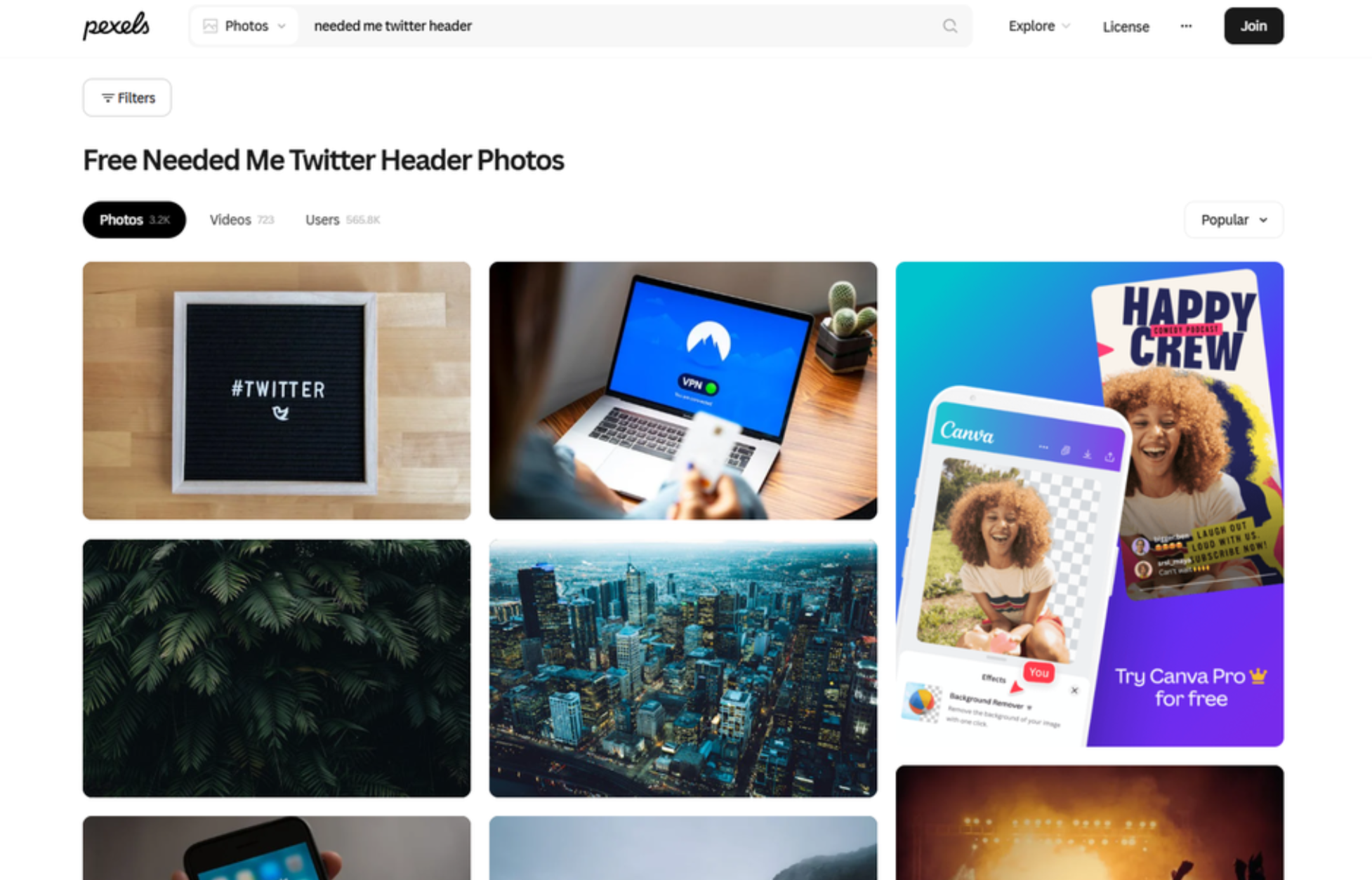 Interface of Pexels - a great resource for Twitter header pictures