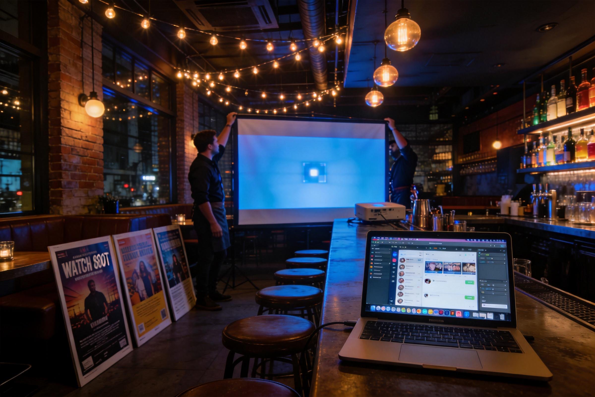 Bar setup for a watch party promo with a projector screen, posters, and a laptop editing video