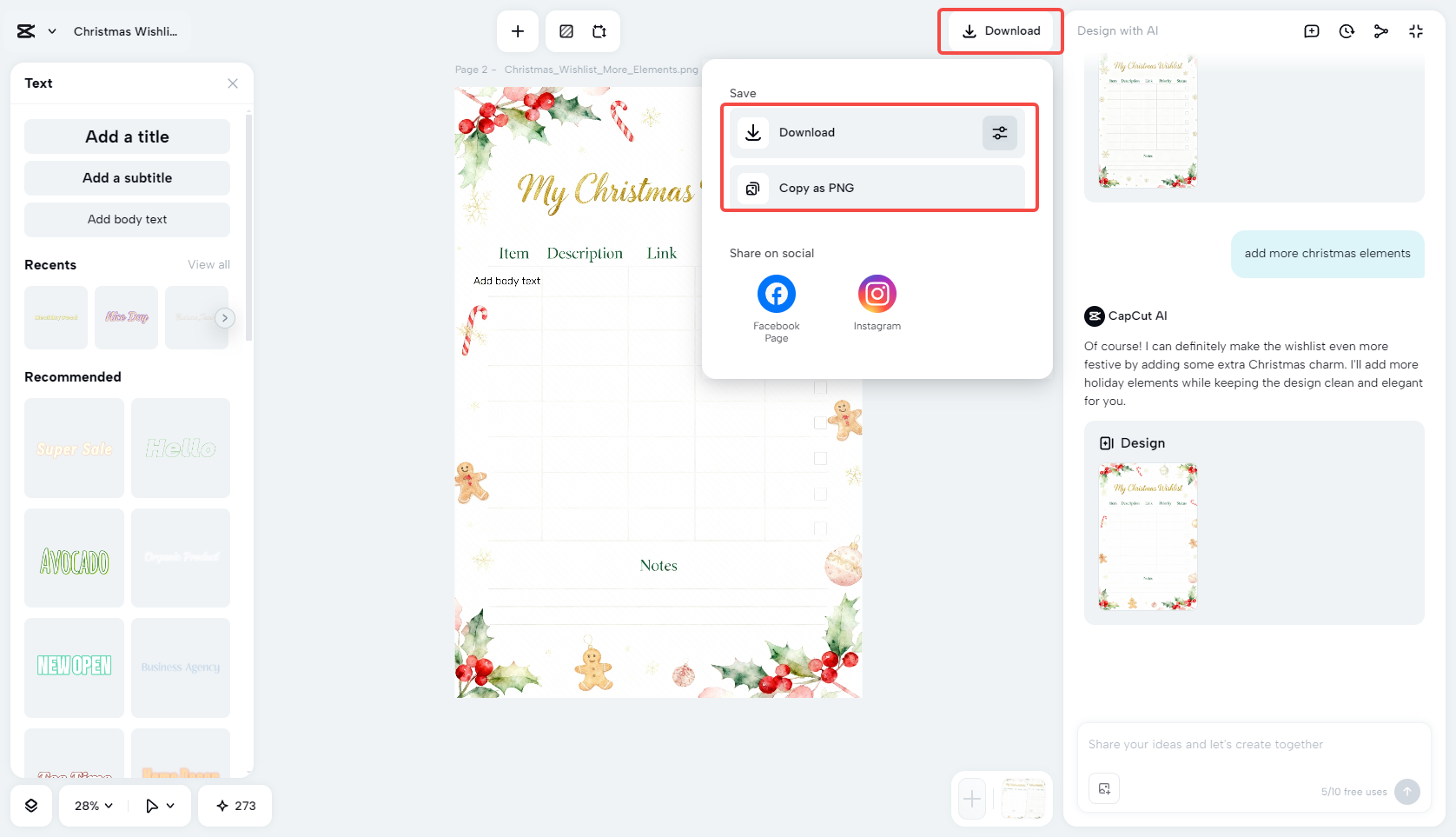 Exporting the Christmas wishlist template in CapCut