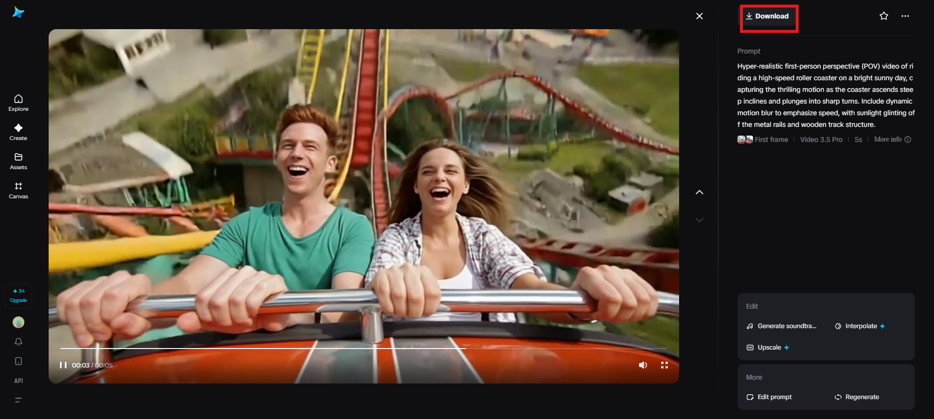 Baixando o vídeo POV da montanha-russa no Dreamina