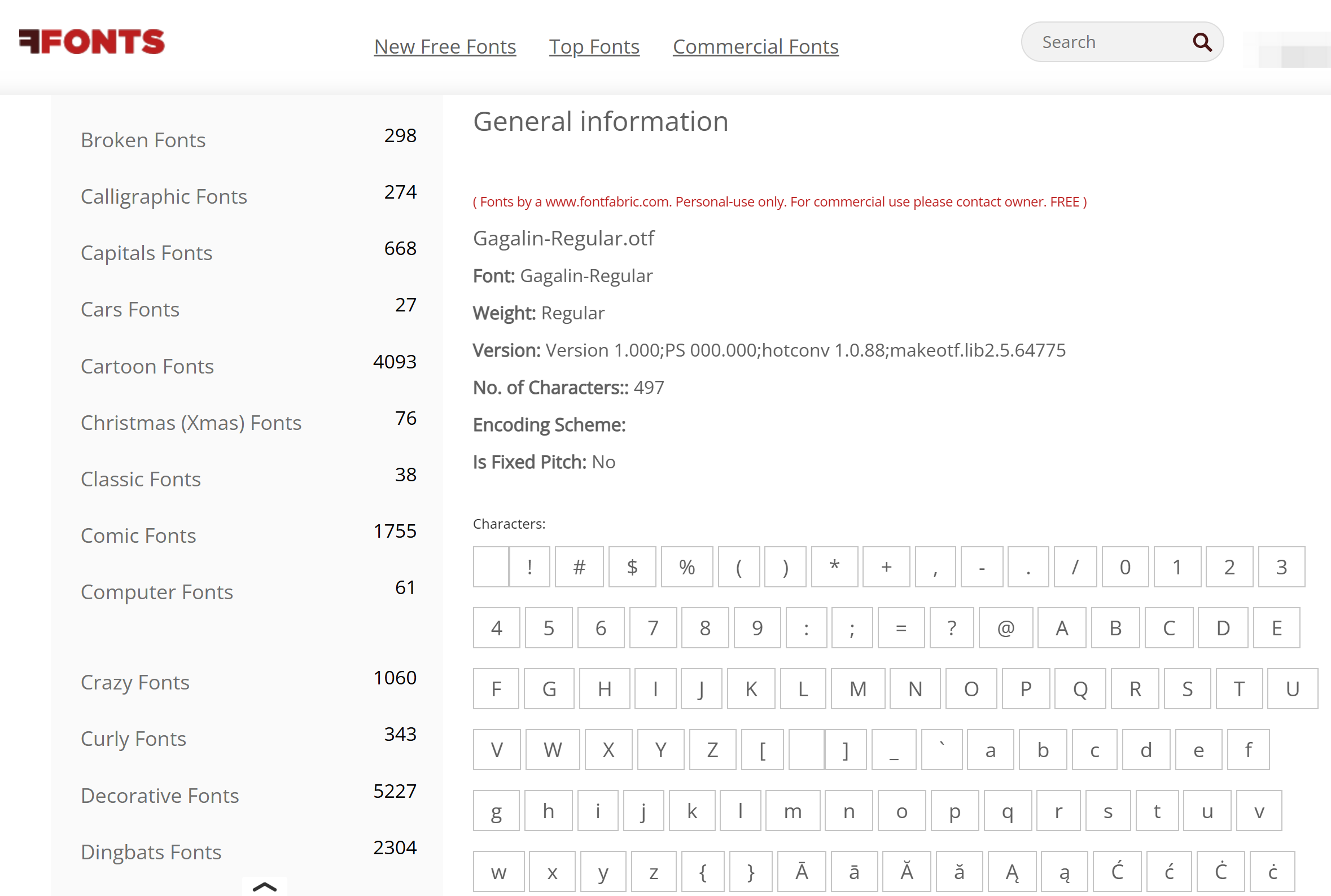 Interface of FFonts - a valuable resource for Gagalin fonts