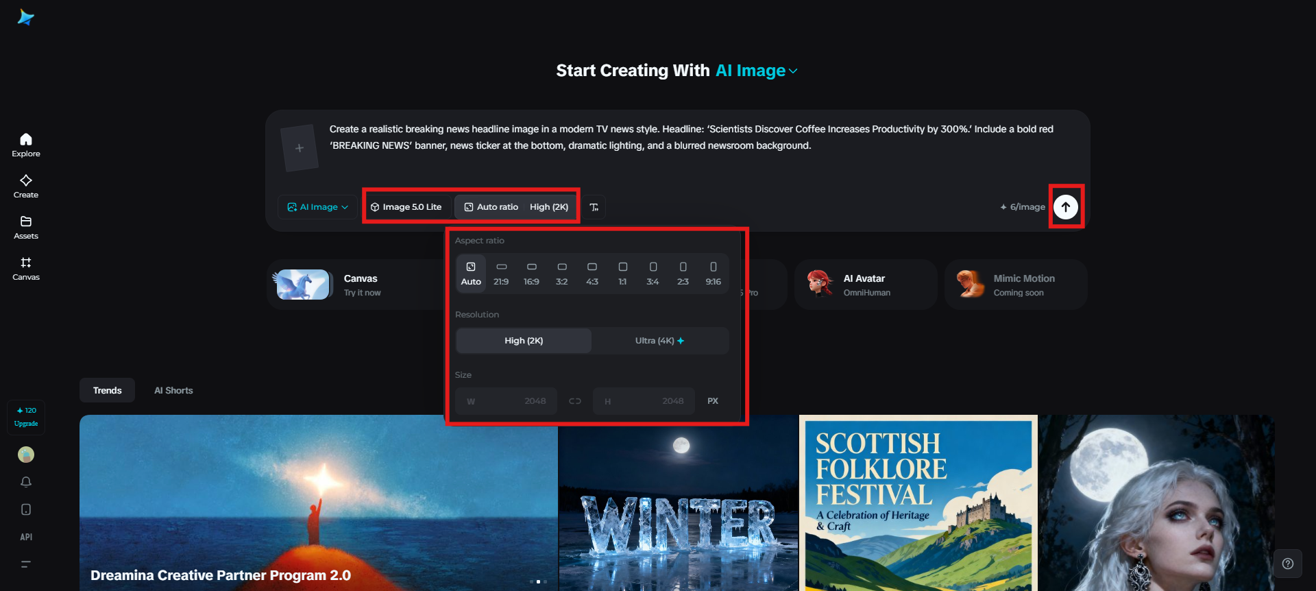 Select the image model and generate a headline