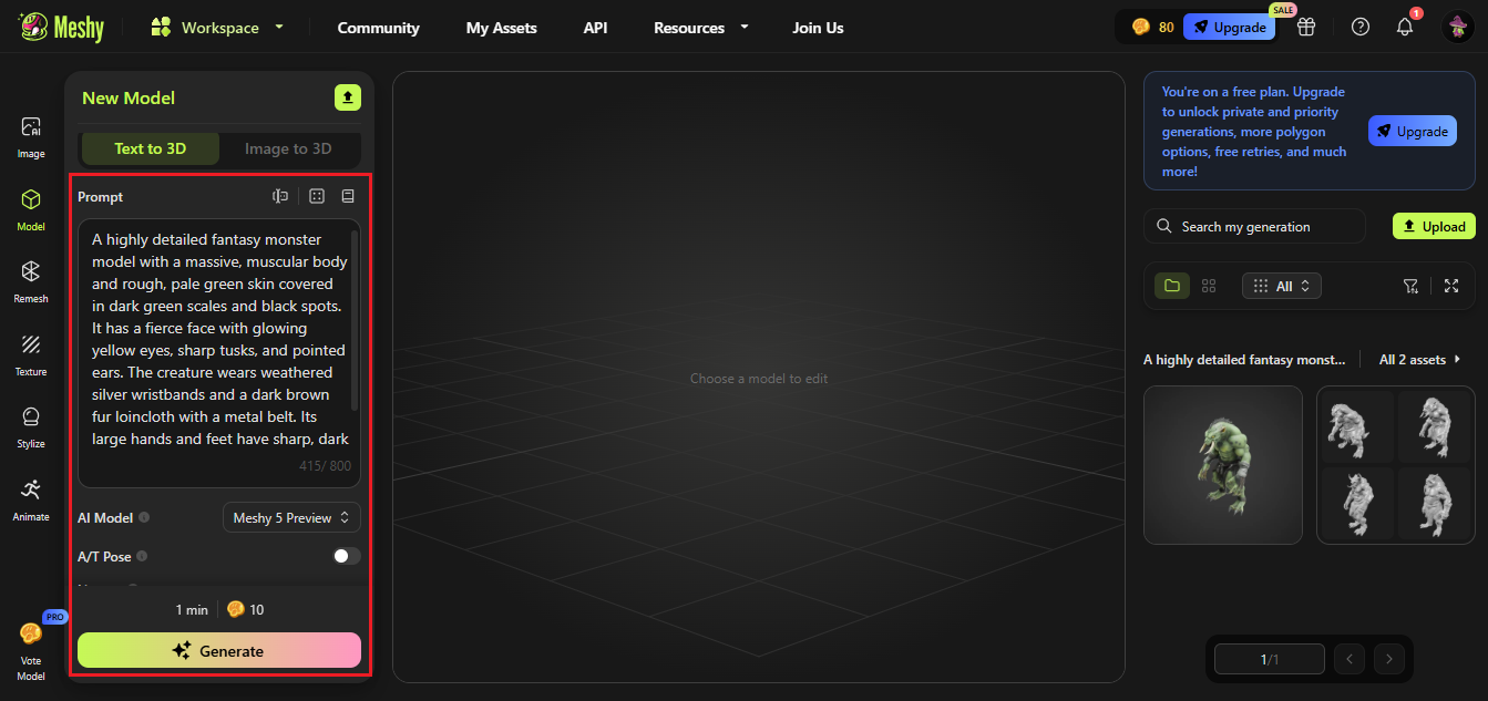 Meshy AI free text to 3D tool