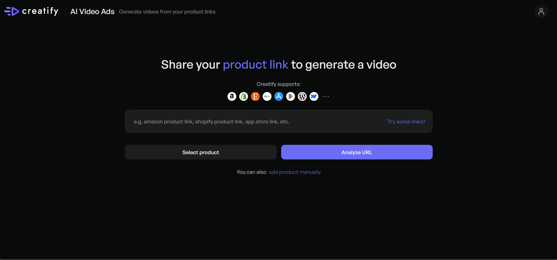 Truy cập Creatify và tải lên liên kết sản phẩm