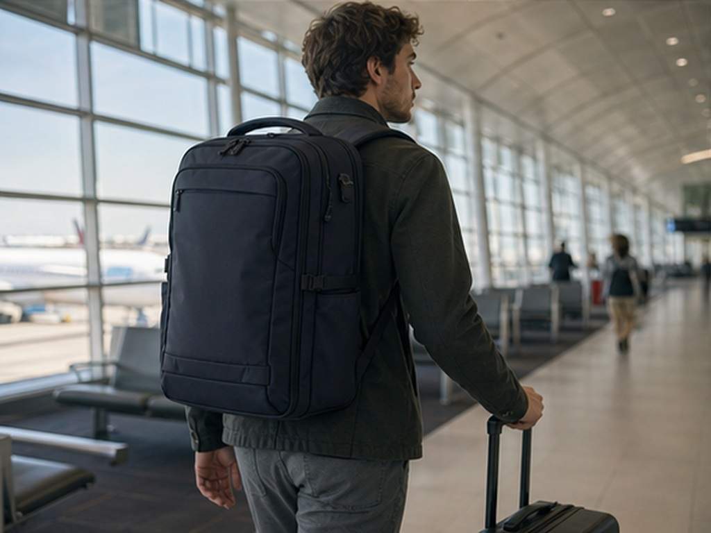 Virtual Backpack Try On Video prompt example 4 - Travel backpack terminal