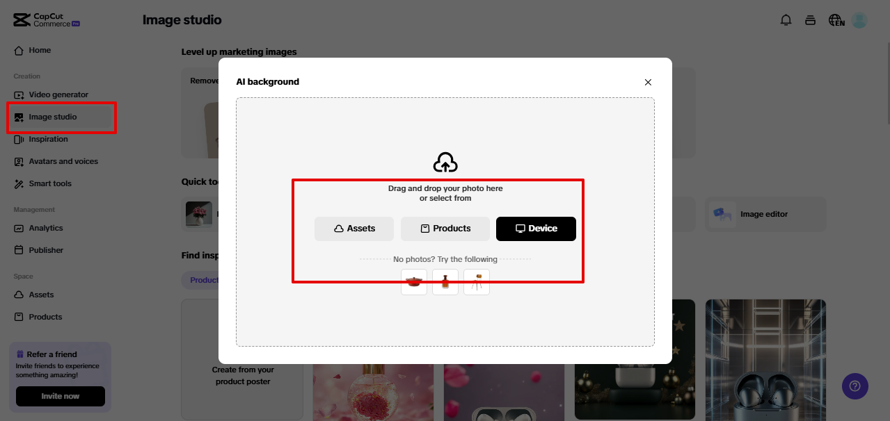 Creating product image in Pippit
